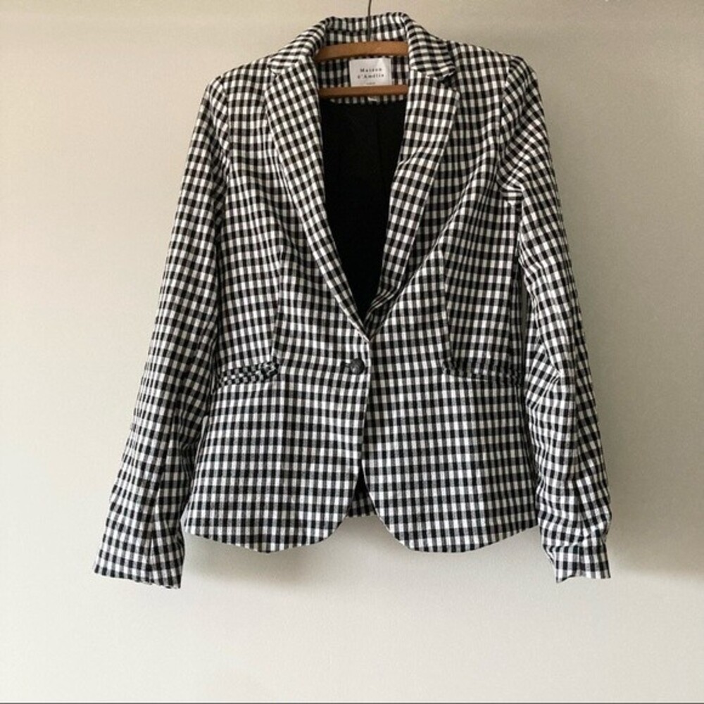 Maison‎ d'Amelie Gingham Check One Button Blazer Black White Size XS